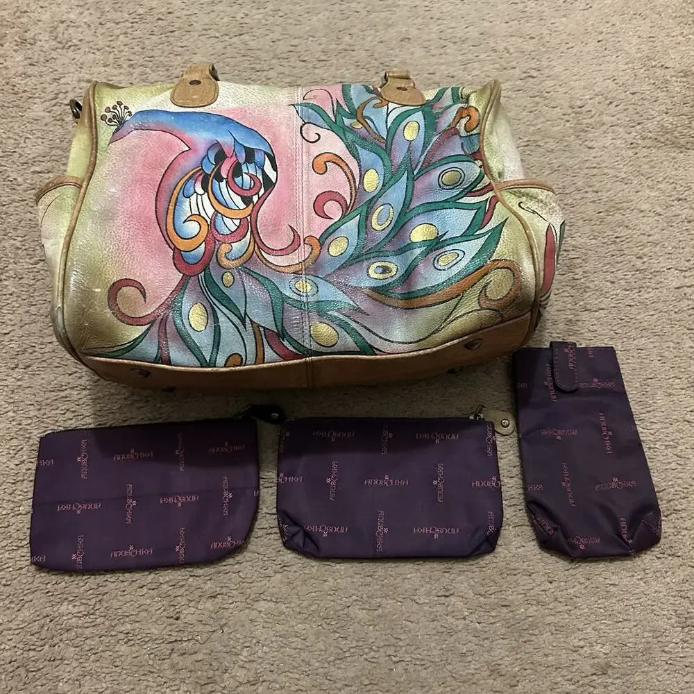 Anuschka Hand Painted Satchel Peacock Leather With Pouches *Blemishes